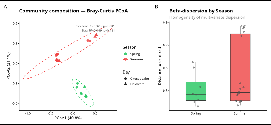 ERMANOVA analysis of MAG community composition across seasons and estuaries